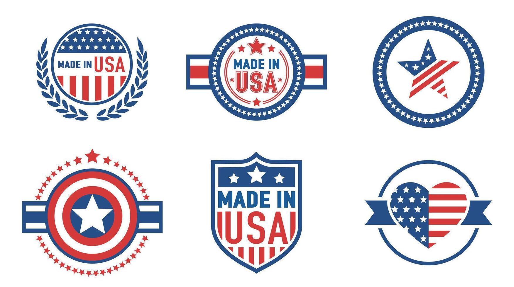 Made in USA logos. Various emblems indicating the American origin of products vector