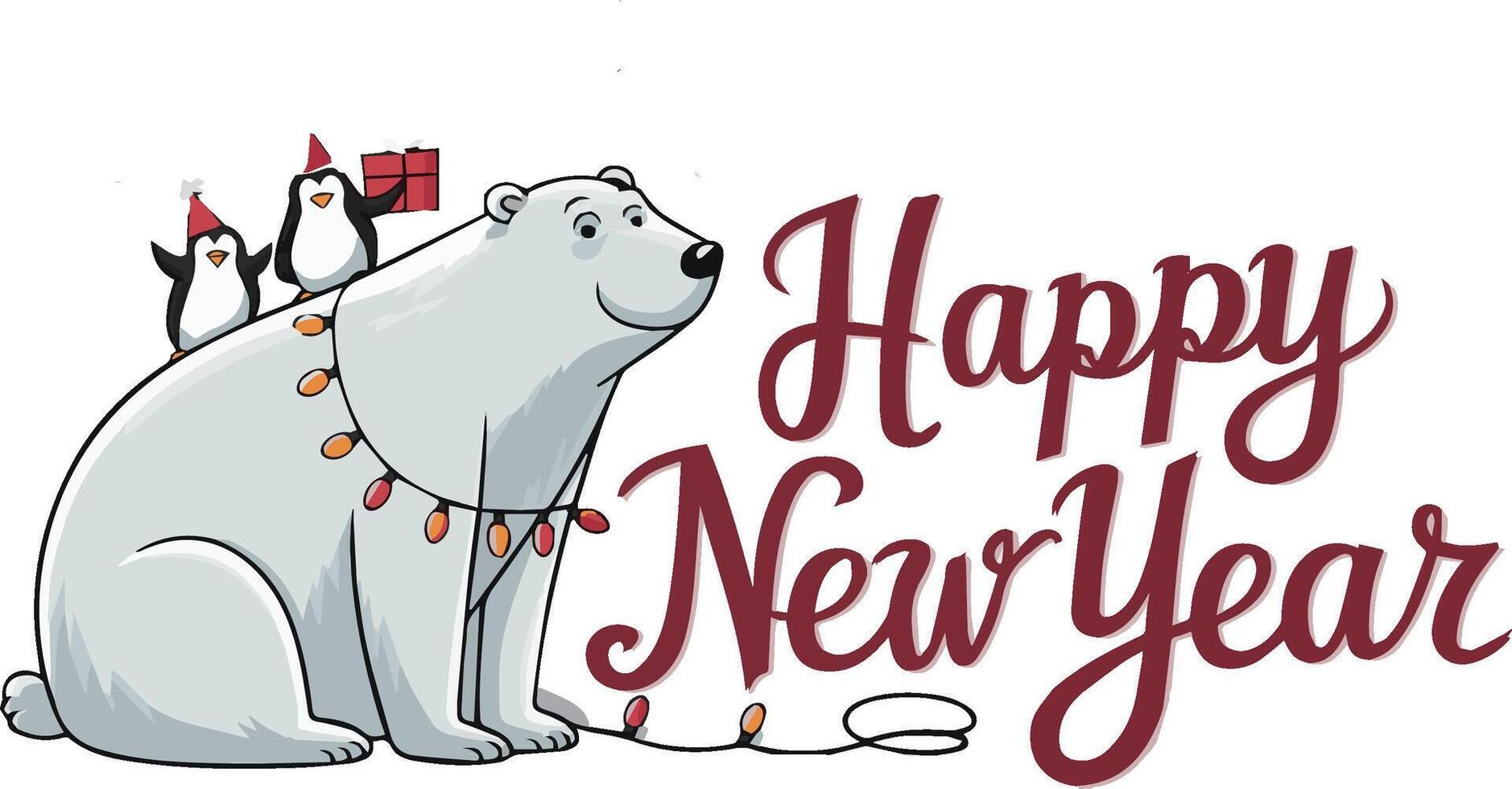 illustration featuring a large polar bear and two penguins vector
