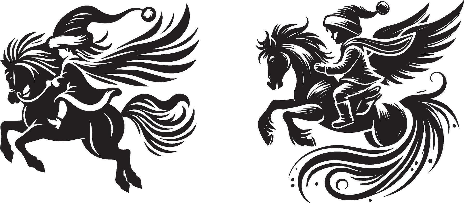 stylized, black and white silhouette of a child in a Santa hat riding a horse vector