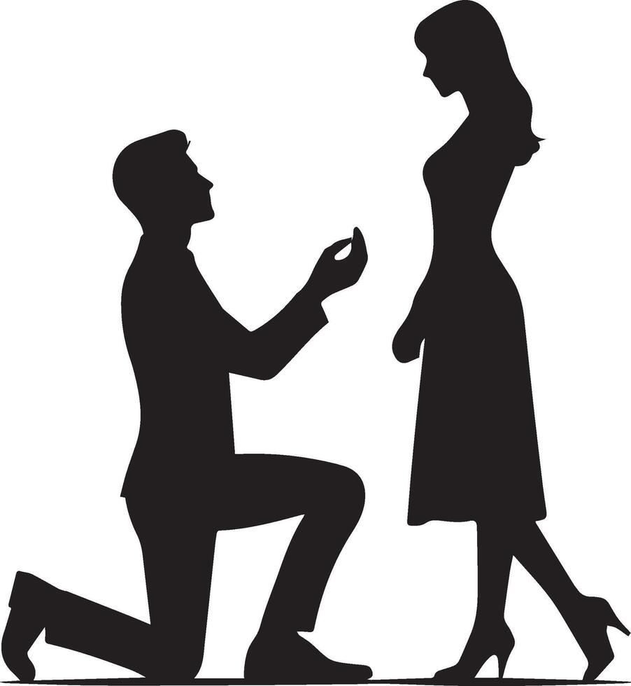 A silhouette of a man kneeling and proposing to a woman vector