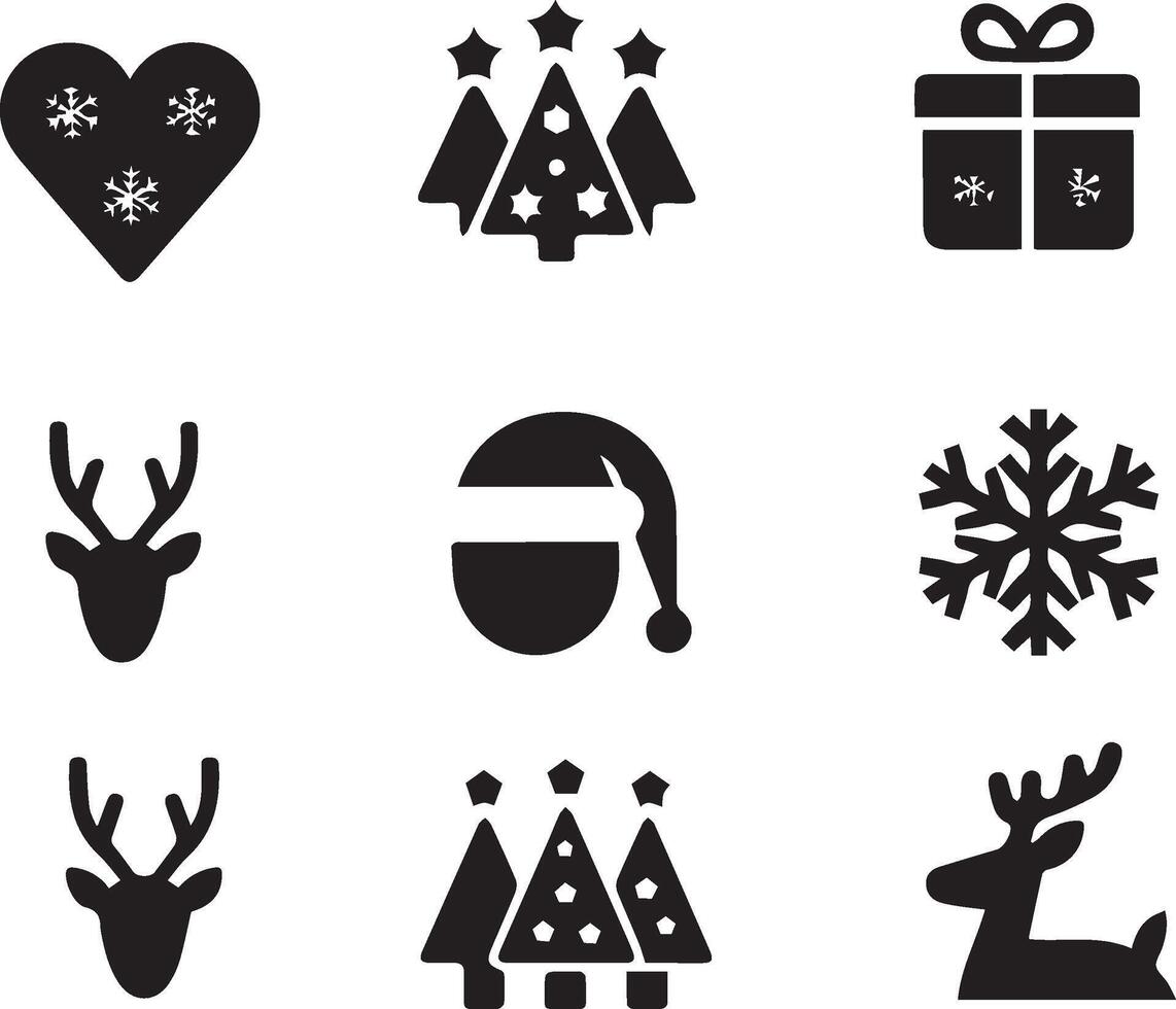 A collection of black-and-white Christmas-themed icons on a plain white background vector