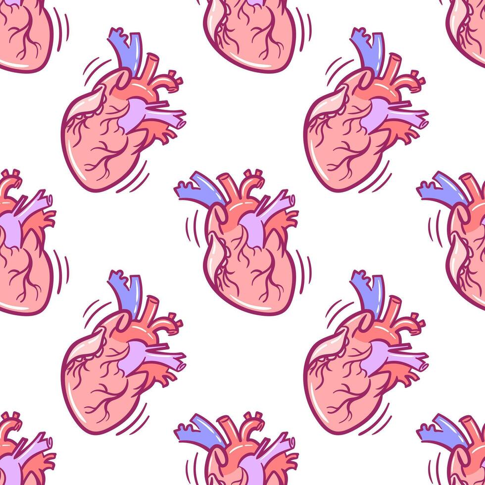 A detailed, hand-drawn illustration of a realistic anatomical heart in a doodle style. This sketch seamless pattern can be used as a For wallpaper, fabric, packaging, background vector