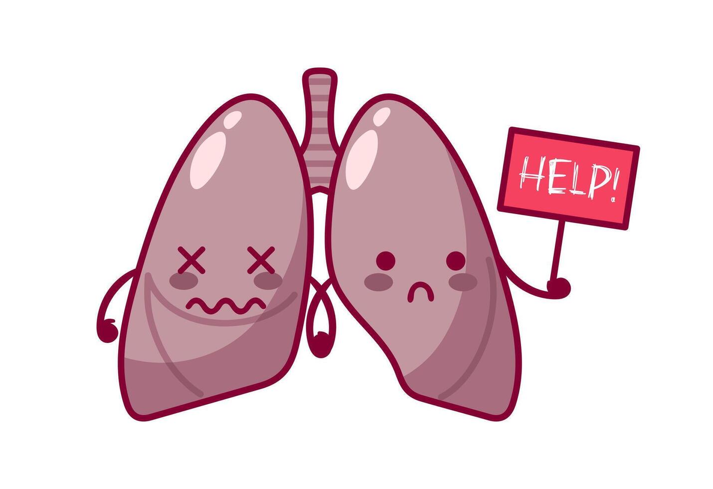 Smokers Lungs. Cute characters in kawaii style. Diseased organ, respiratory system. illustration. Health problems. For sticker, books, design element. Medical brochure template. vector
