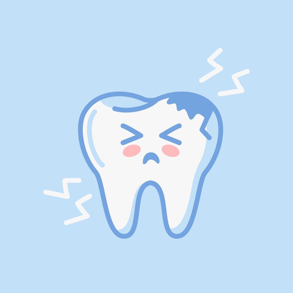 Tooth. Cute character in kawaii style. Diseased organ, digestive system. Caries, crack. Pulpitis. illustration, flat style. Health problems. For sticker, books, design element. Medical brochure vector