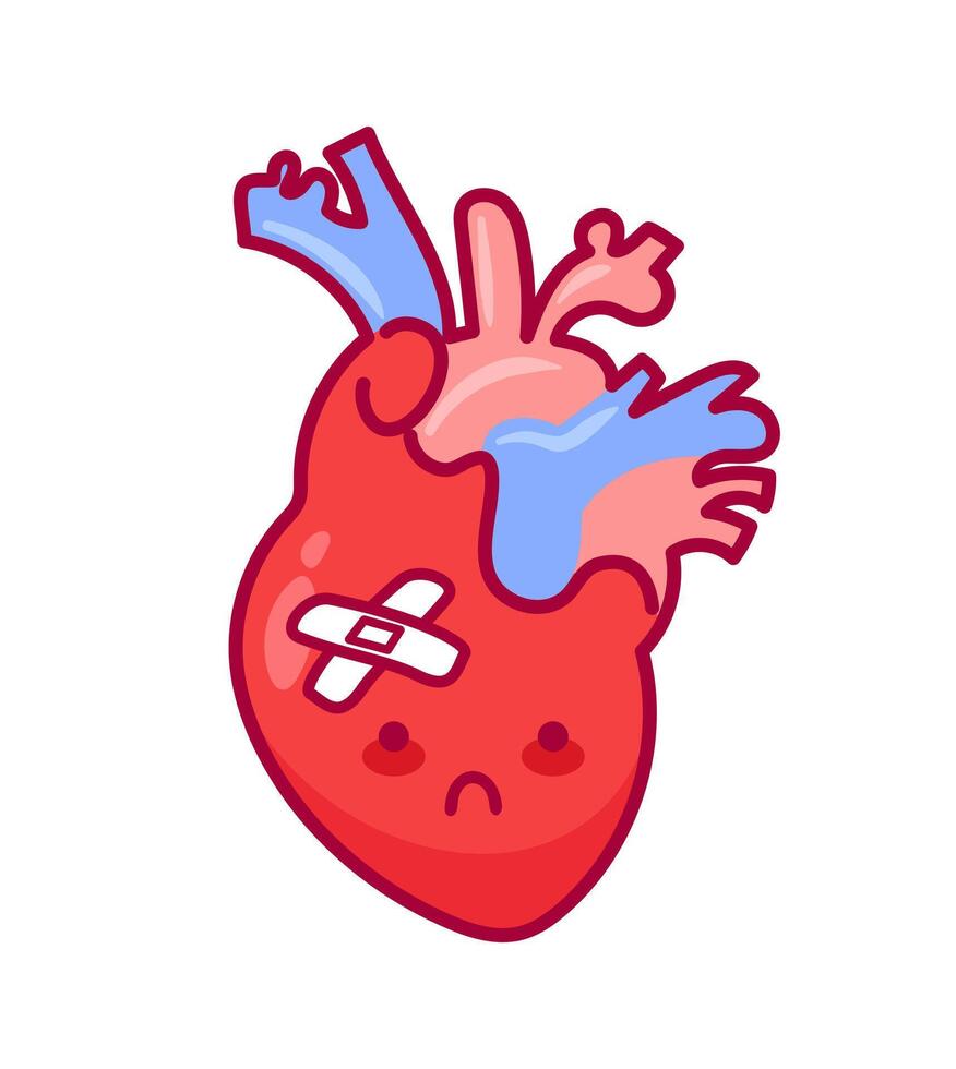 Heart. Cute character in kawaii style. Diseased organ, cardiac surgery, cardiovascular system. illustration, flat style. Health problems. Medical brochure template. vector