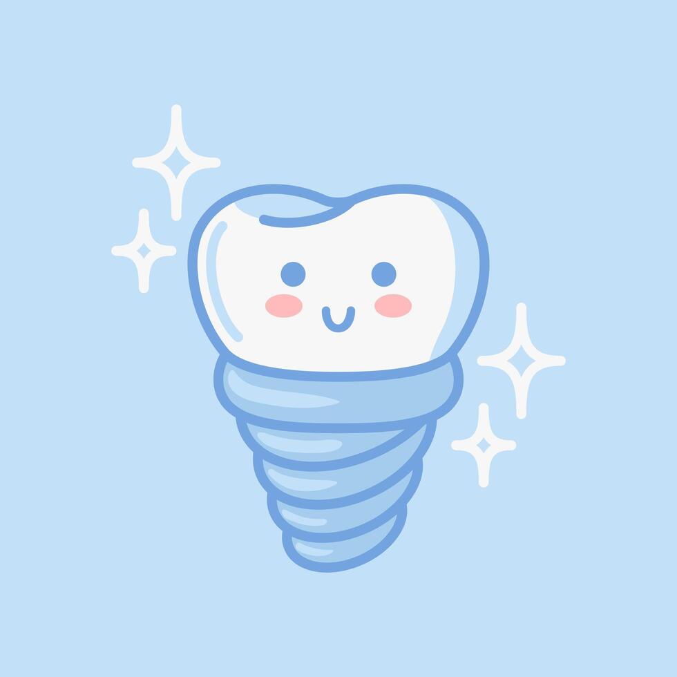 Adorable dental implant character designed in kawaii style. This illustration features a flat design, perfect for stickers, books, or as a design element. Ideal for medical brochure templates. vector