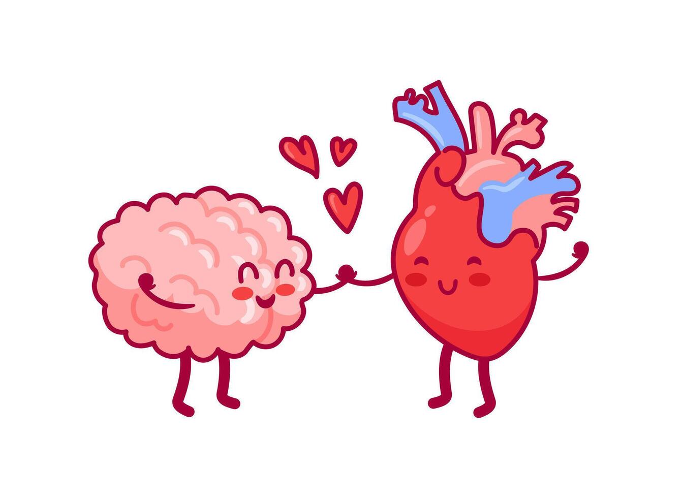 Balance between heart and brain, cute kawaii characters. The concept of harmony of mind and feelings. illustration in flat style for banner, poster, card. vector