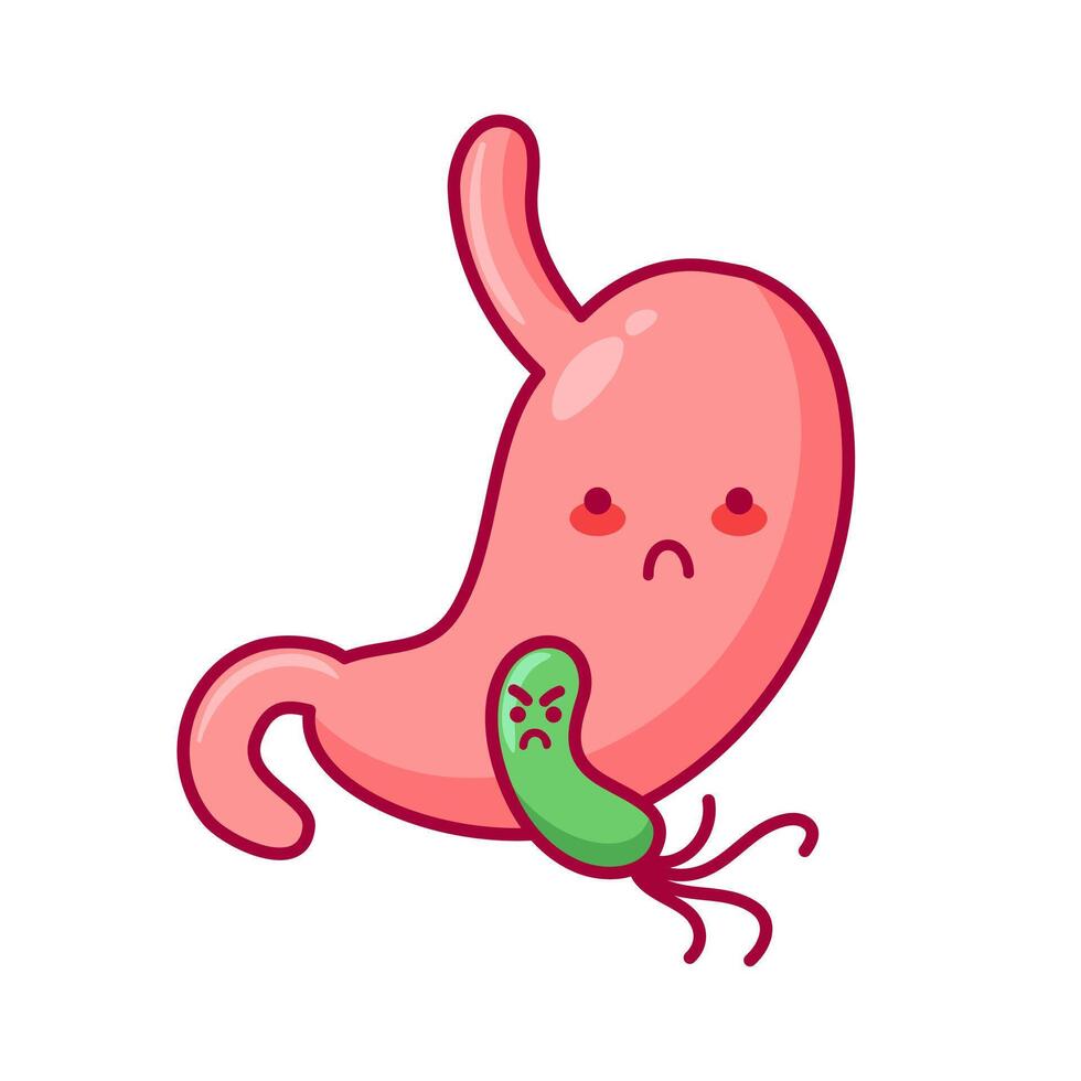 Stomach. Cute character in kawaii style. Diseased organ of the digestive system. Helicobacter pylori, gastritis, ulcer. Health problems. For sticker, books, design element. Medical brochure template. vector