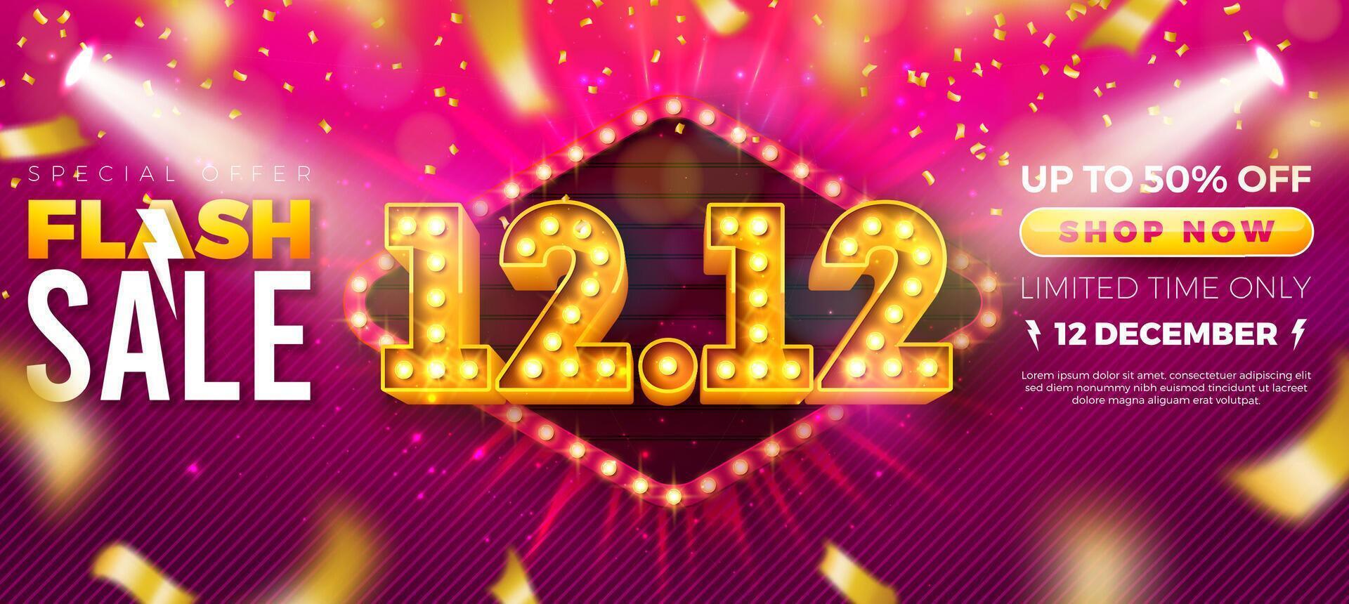 12 December Shopping Day Flash Sale Design with 3d 12.12 Number and Light Bulb Billboard on Red Background. Special Offer 50 Percent Off Campaign Discount Illustration for Coupon, Voucher vector