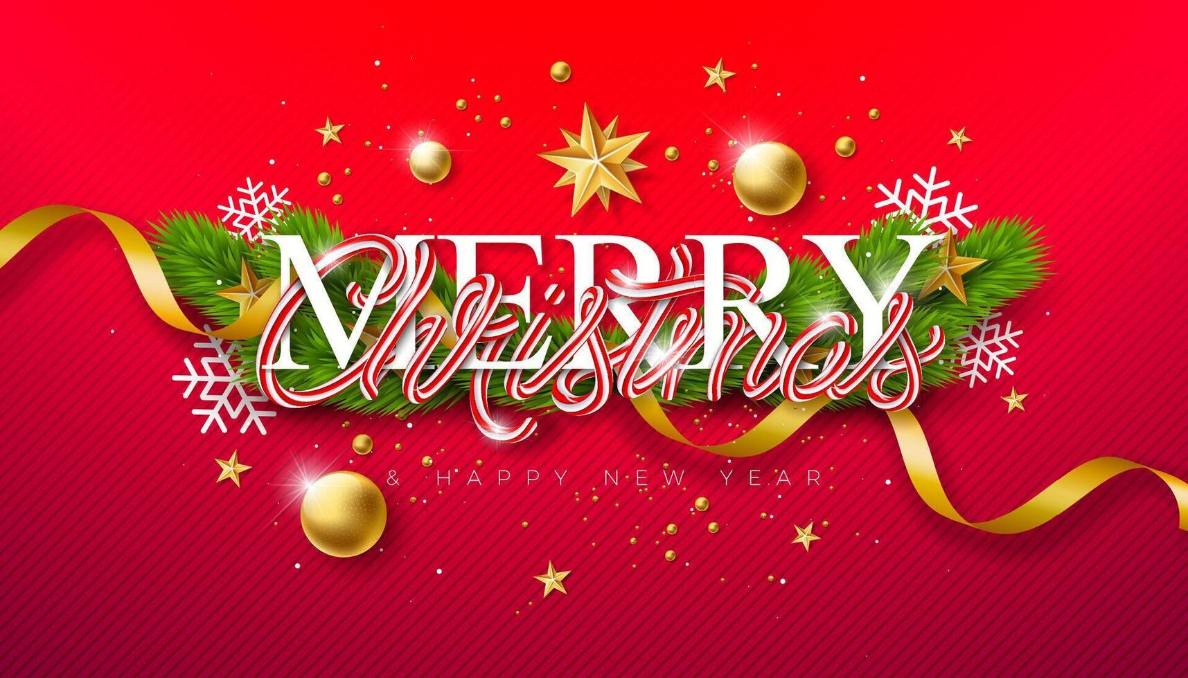 Merry Christmas and Happy New Year Banner with Christmas Candy Cane Typography Letter Fir Branch and Ornamental Ball on Red Background. Xmas Holiday Season Banner Design for Greeting Card vector