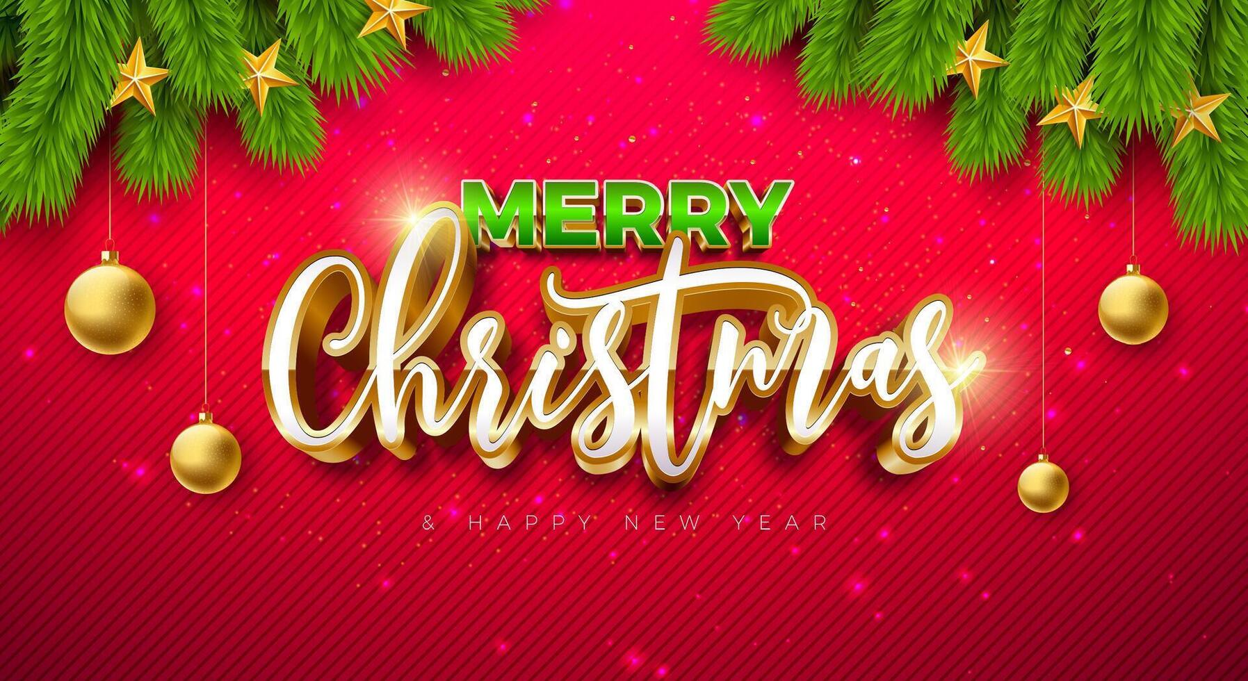 Merry Christmas and Happy New Year Banner with Fir Branch and 3d Typography Lettering on Red Background. Holiday Season Banner Design for Greeting Card, Party Flyer, Celebration Poster and vector