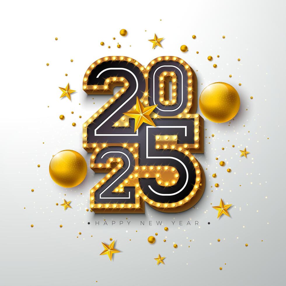 2025 Happy New Year Illustration with 3d Glowing Light Bulb Billboard Typography Number, Christmas Ball and Golden Star on White Background. Holiday Design for Party Flyer, Celebration Banner vector