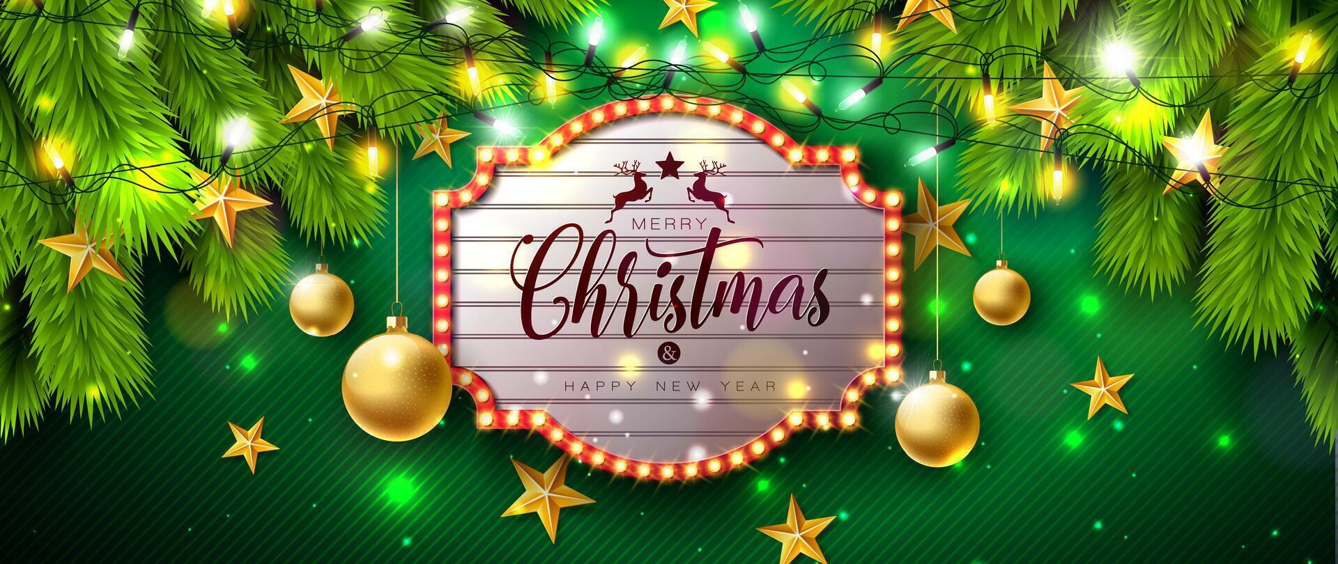 Merry Christmas and Happy New Year Banner with Light Bulb Billboard, Fir Branch and Ornaments on Red Background. Holiday Season Design for Greeting Card, Party Flyer, Celebration Poster and vector