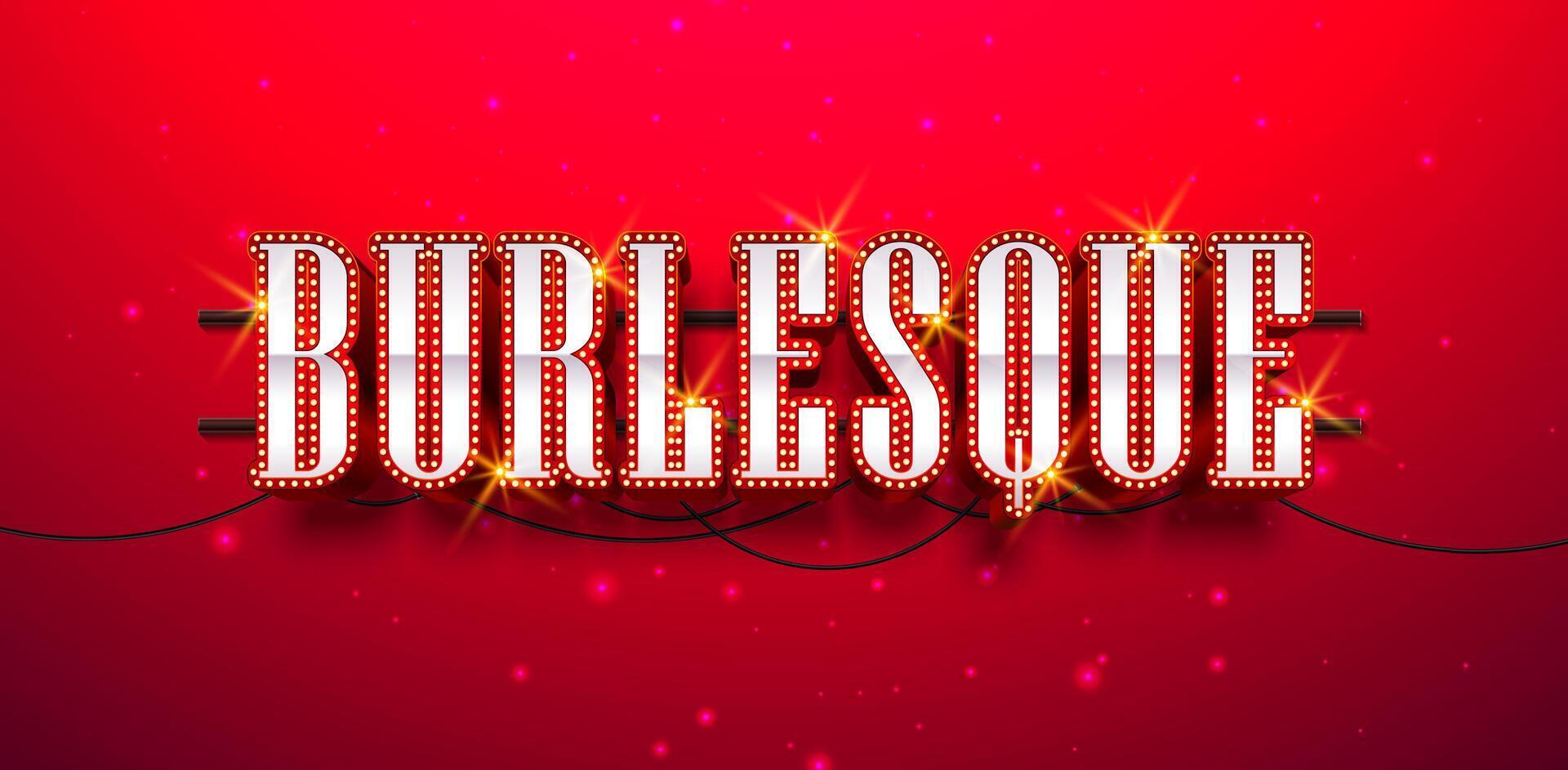 3d Light Bulb Burlesque Typography Lettering with Cable and Holding Consol on Red Background. Glowing Retro Billboard Design with Shiny Bright Lights for Casino Banner, Night Club Poster or vector