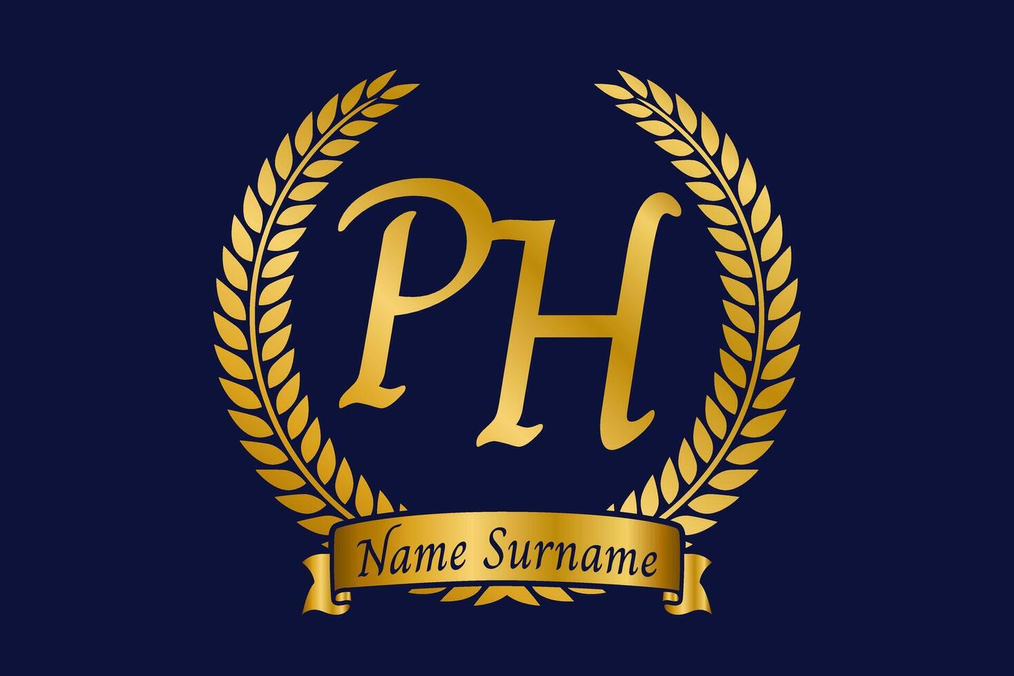 Initial letter P and H, PH monogram logo design with laurel wreath. Luxury golden calligraphy font. vector