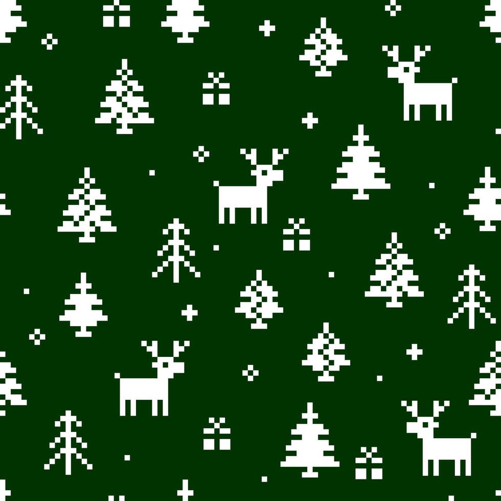Winter Christmas seamless pattern in green. New Years pixel background with reindeer, tree, snow and gift. For greeting cards, gift wrapping paper, wallpapers. vector