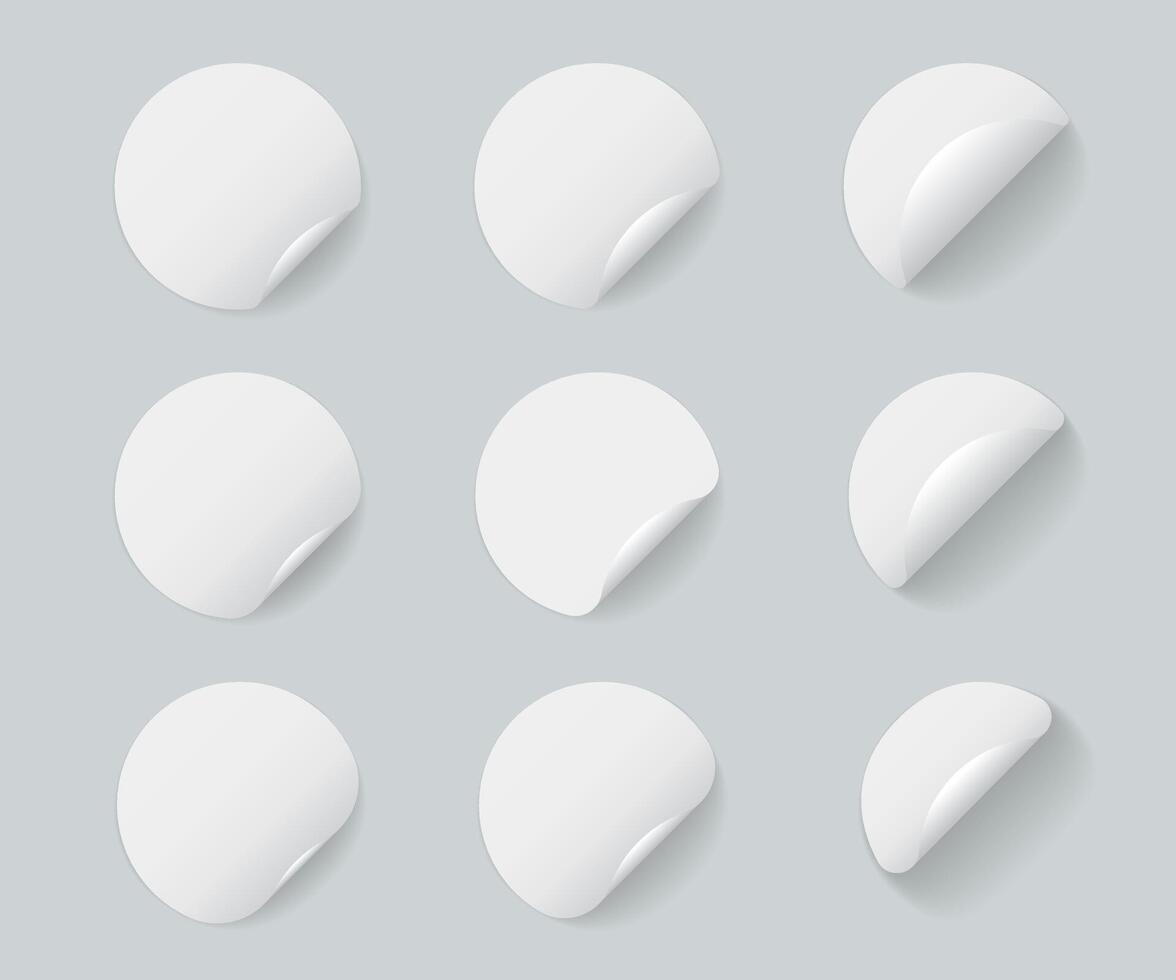 Set of round white stickers with curled corner and shadows. illustration vector