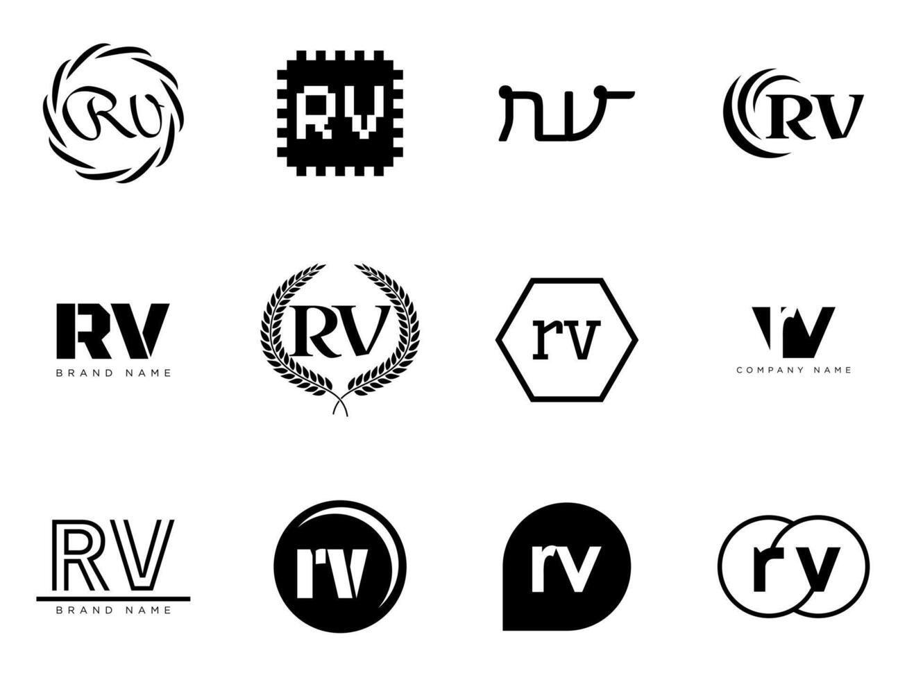 RV logo company template. Letter r and v logotype. Set different classic serif lettering and modern bold text with design elements. Initial font typography. vector