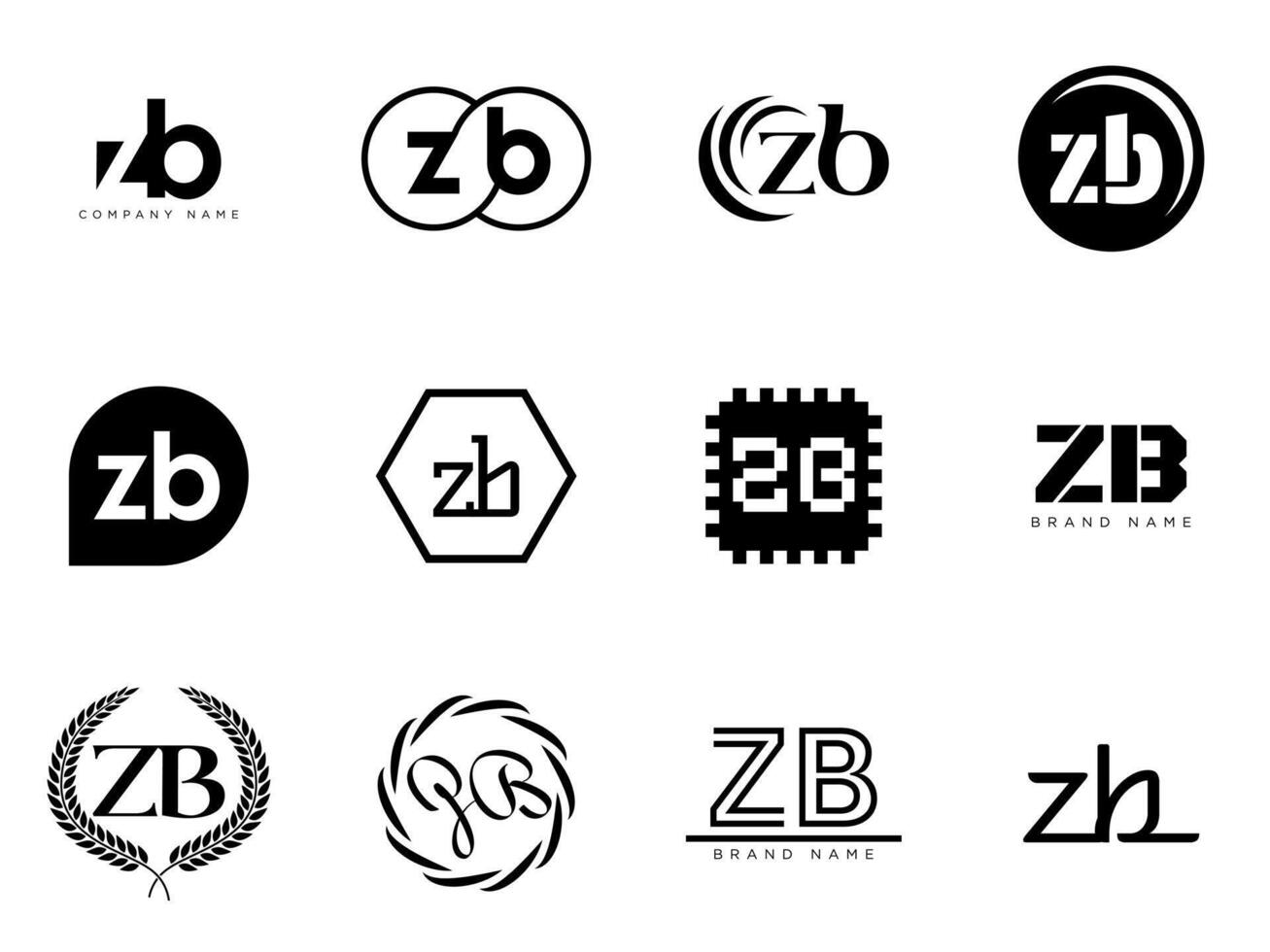 ZB logo company template. Letter z and b logotype. Set different classic serif lettering and modern bold text with design elements. Initial font typography. vector