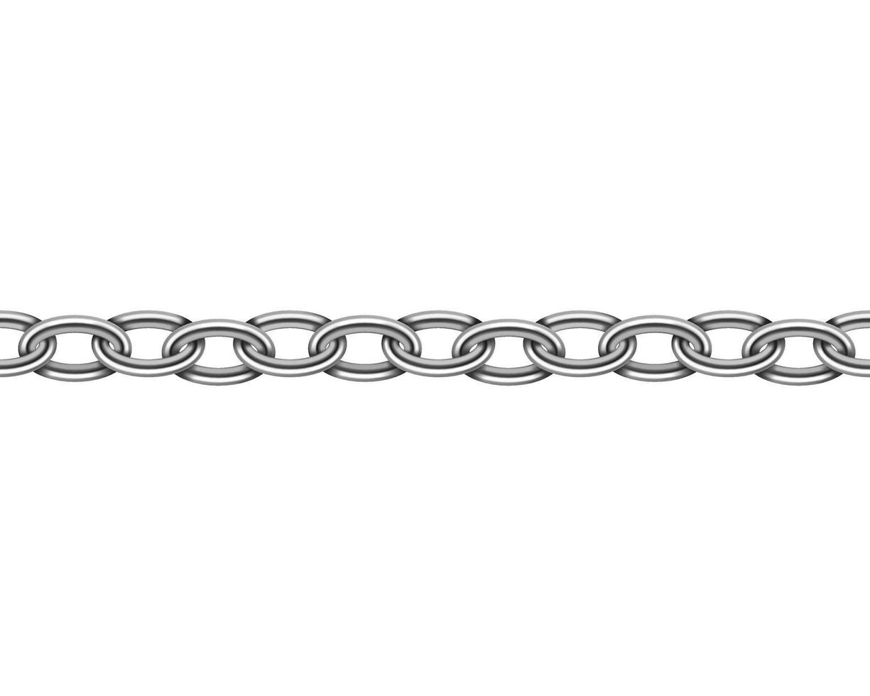 Realistic metal chain seamless texture. Silver color chains link isolated on white background. Strong iron chainlet solid three dimensional design element. vector