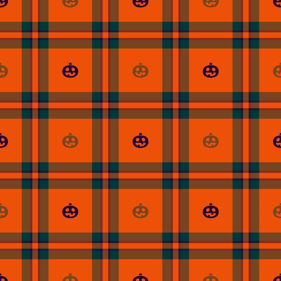 Halloween pattern with plaid stripes and pumpkins, spooky ghosts, and scary ornaments. Ideal for autumn background, textile, fabric, party decor, greeting cards, posters, or tiled wallpaper. vector
