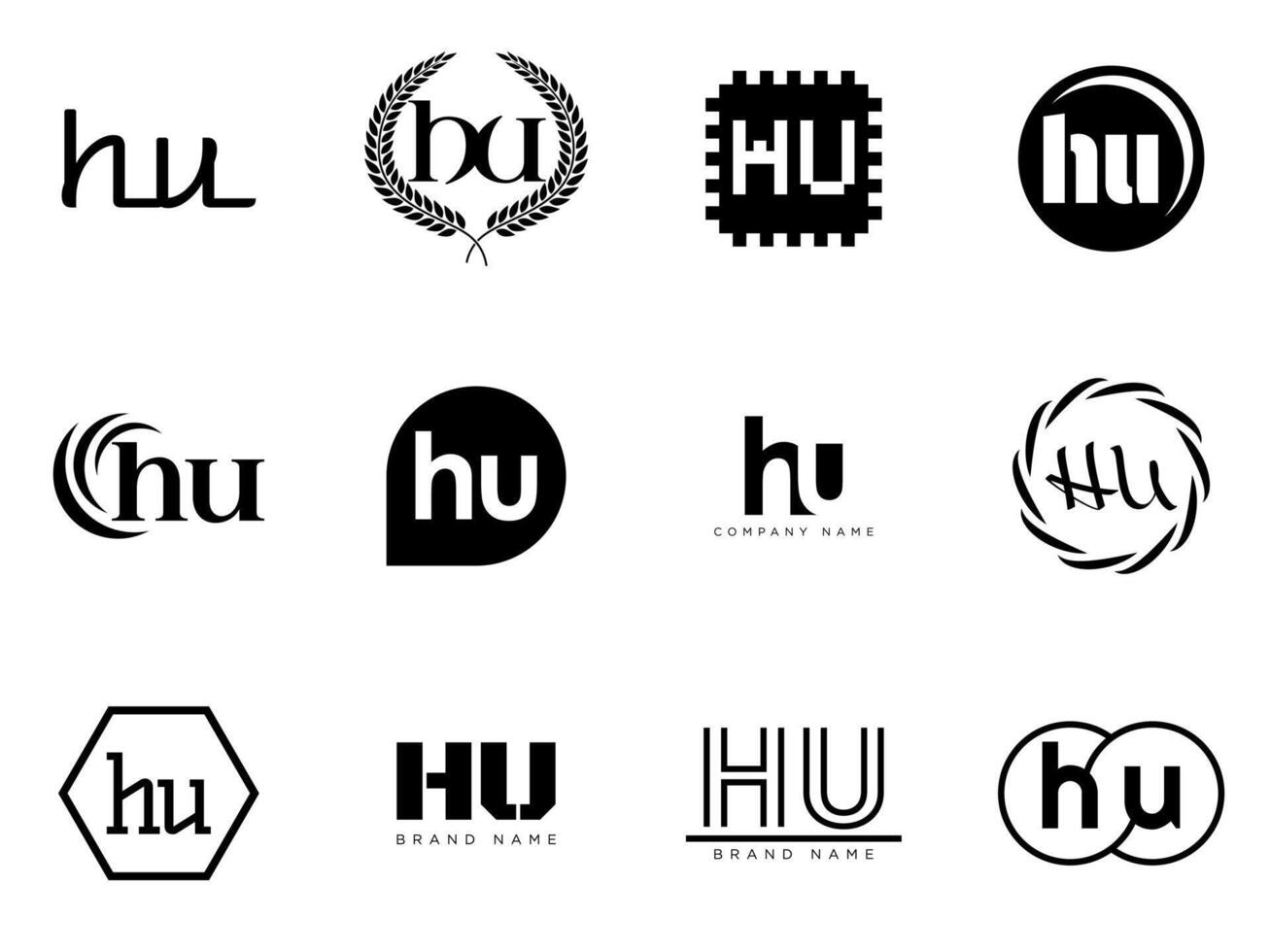 HU logo company template. Letter h and u logotype. Set different classic serif lettering and modern bold text with design elements. Initial font typography. vector