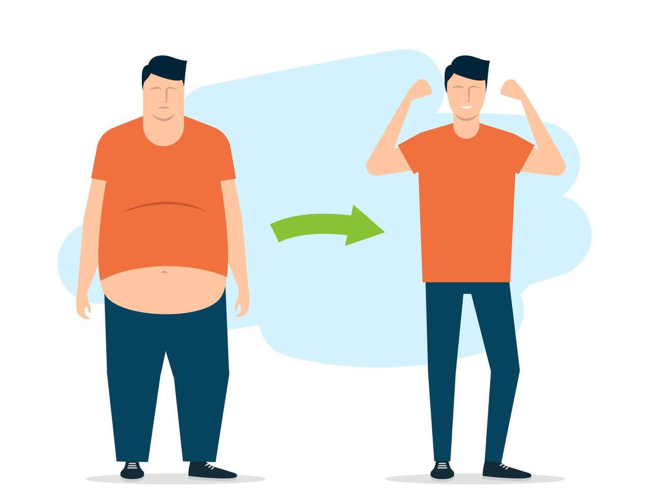 Young man before and after playing sports. A fat man is able to lose weight. illustration vector