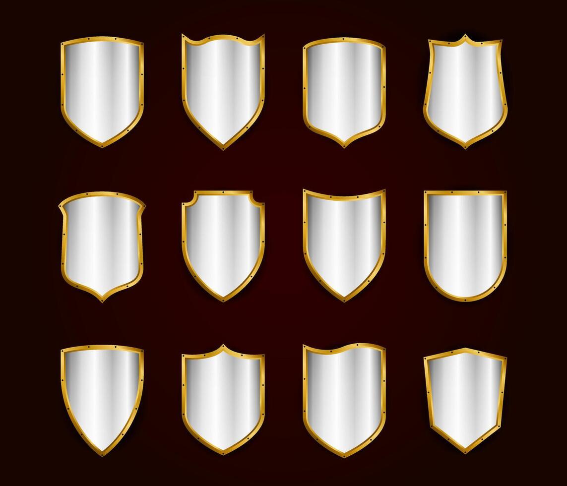 Golden realistic shields icon set. Protection symbol. vector