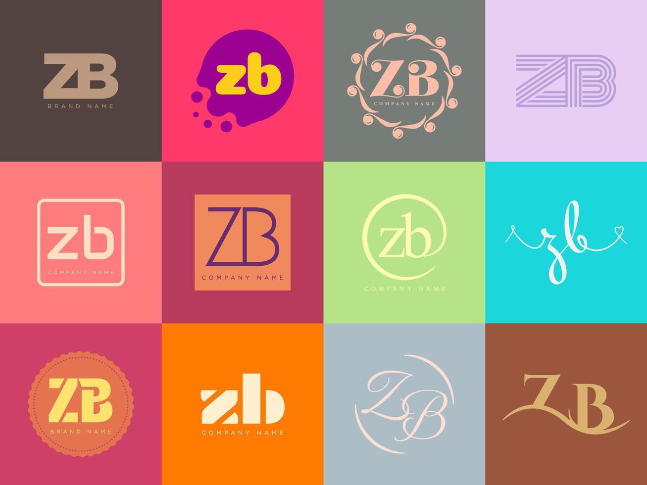 ZB logo company template. Letter z and b logotype. Set different classic serif lettering and modern bold text with design elements. Initial font typography. vector