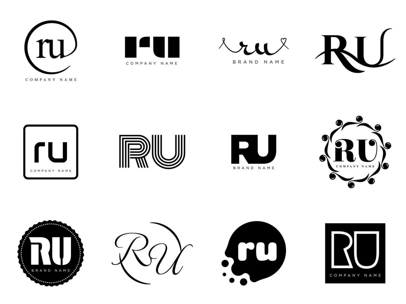 RU logo company template. Letter r and u logotype. Set different classic serif lettering and modern bold text with design elements. Initial font typography. vector