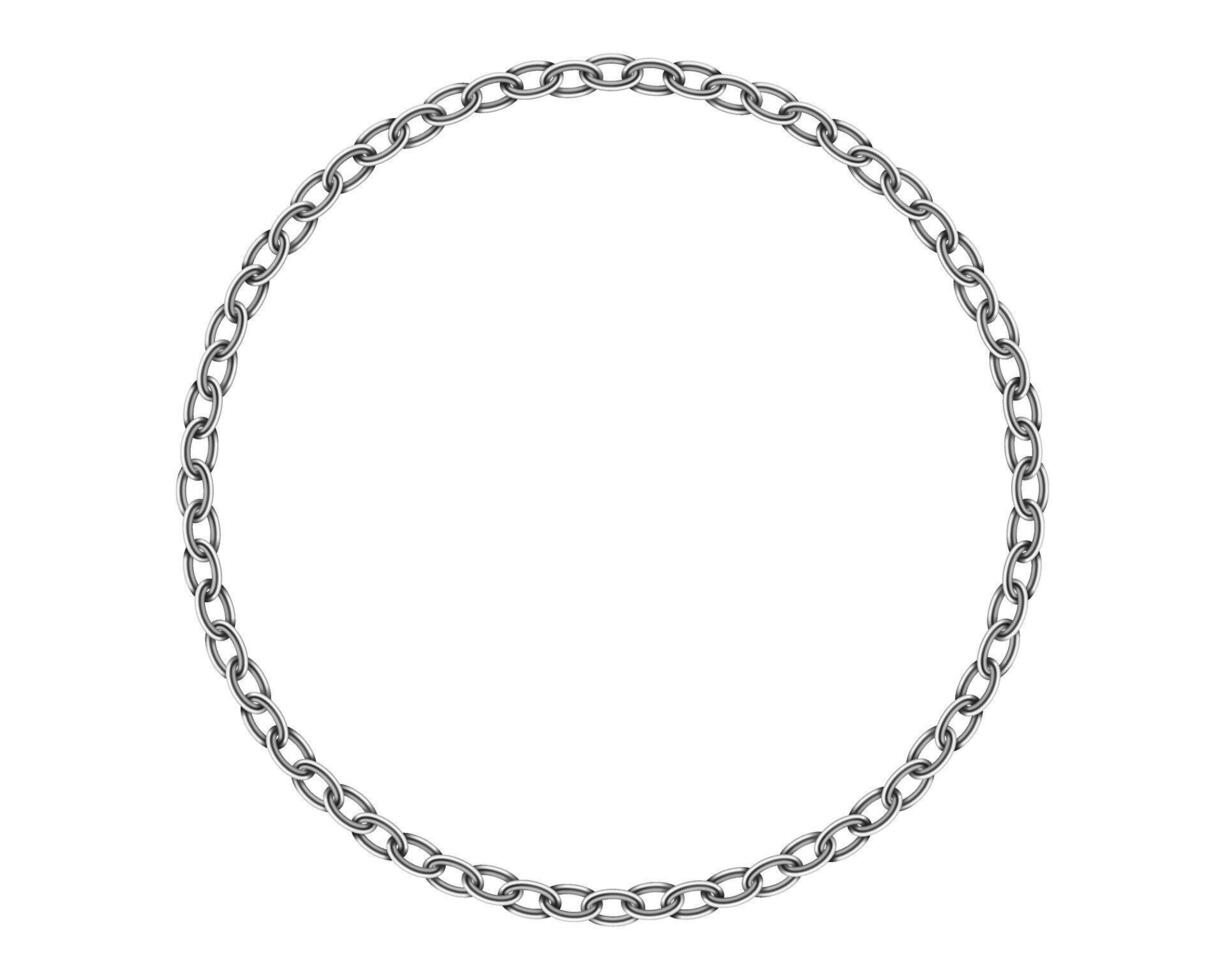 Realistic metal circle frame chain texture. Silver color round chains link isolated on white background. Strong iron chainlet solid three dimensional design element. vector