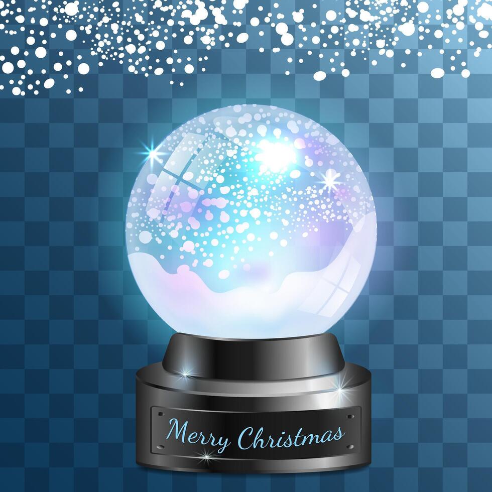 crystal christmas ball with falling snow on metal stand, merry christmas vector