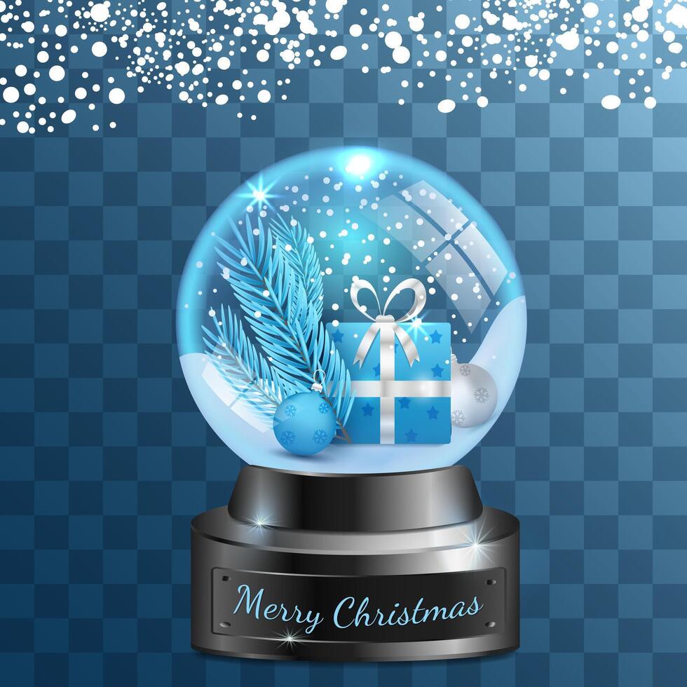 crystal christmas ball with christmas tree and gift with falling snow on metal stand, merry christmas vector