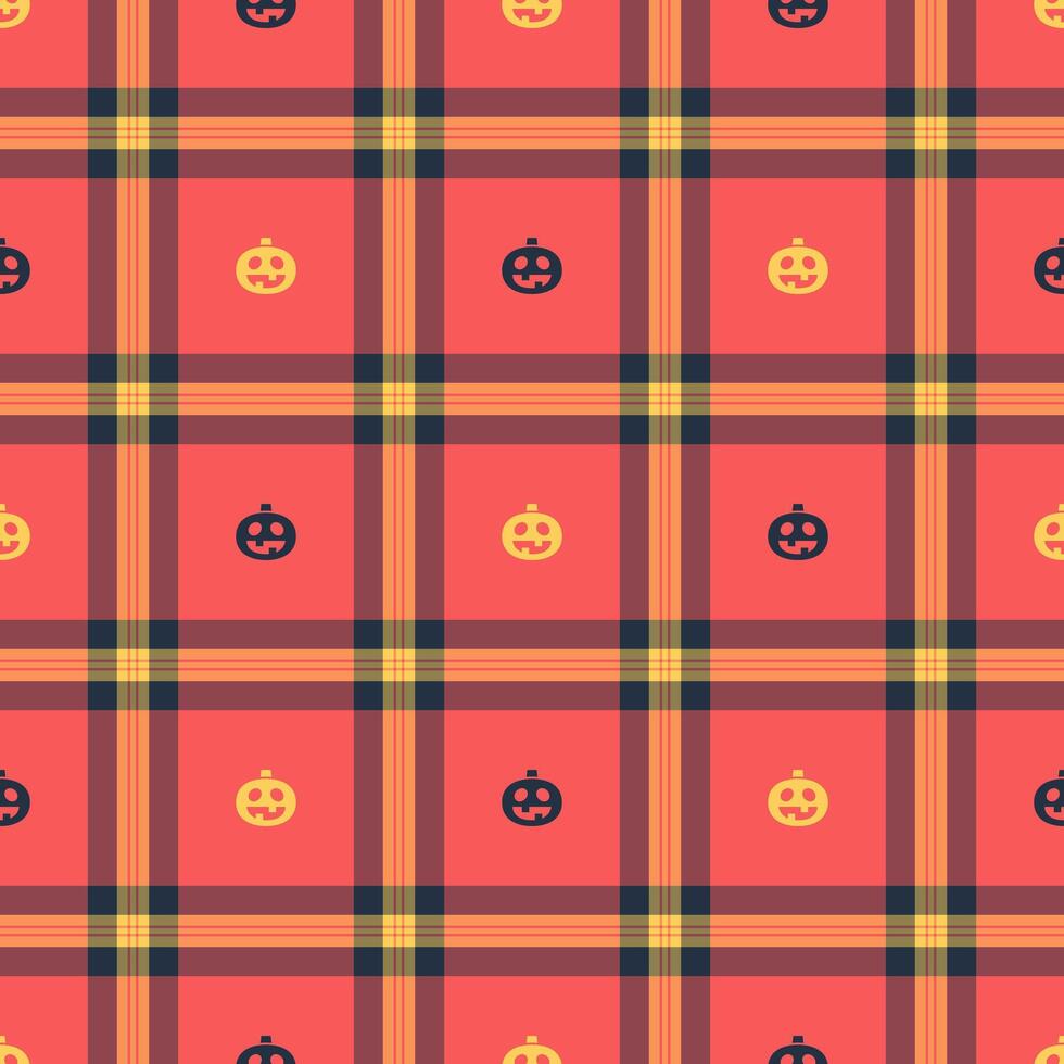 Halloween pattern with plaid stripes and pumpkins, spooky ghosts, and scary ornaments. Ideal for autumn background, textile, fabric, party decor, greeting cards, posters, or tiled wallpaper. vector