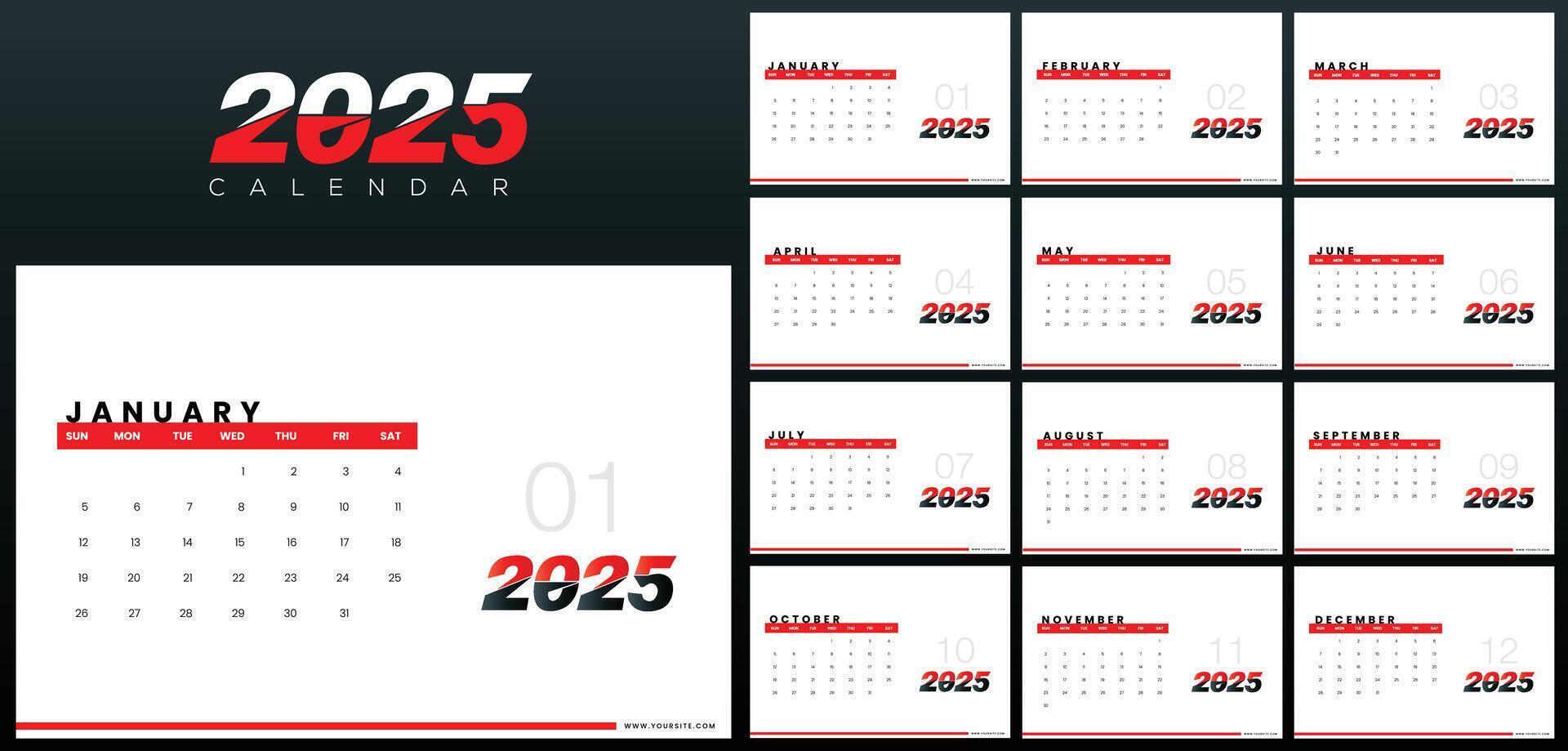 Professional 2025 Corporate Desk Calendar Design Template with an Elegant Red and Black Color Theme vector
