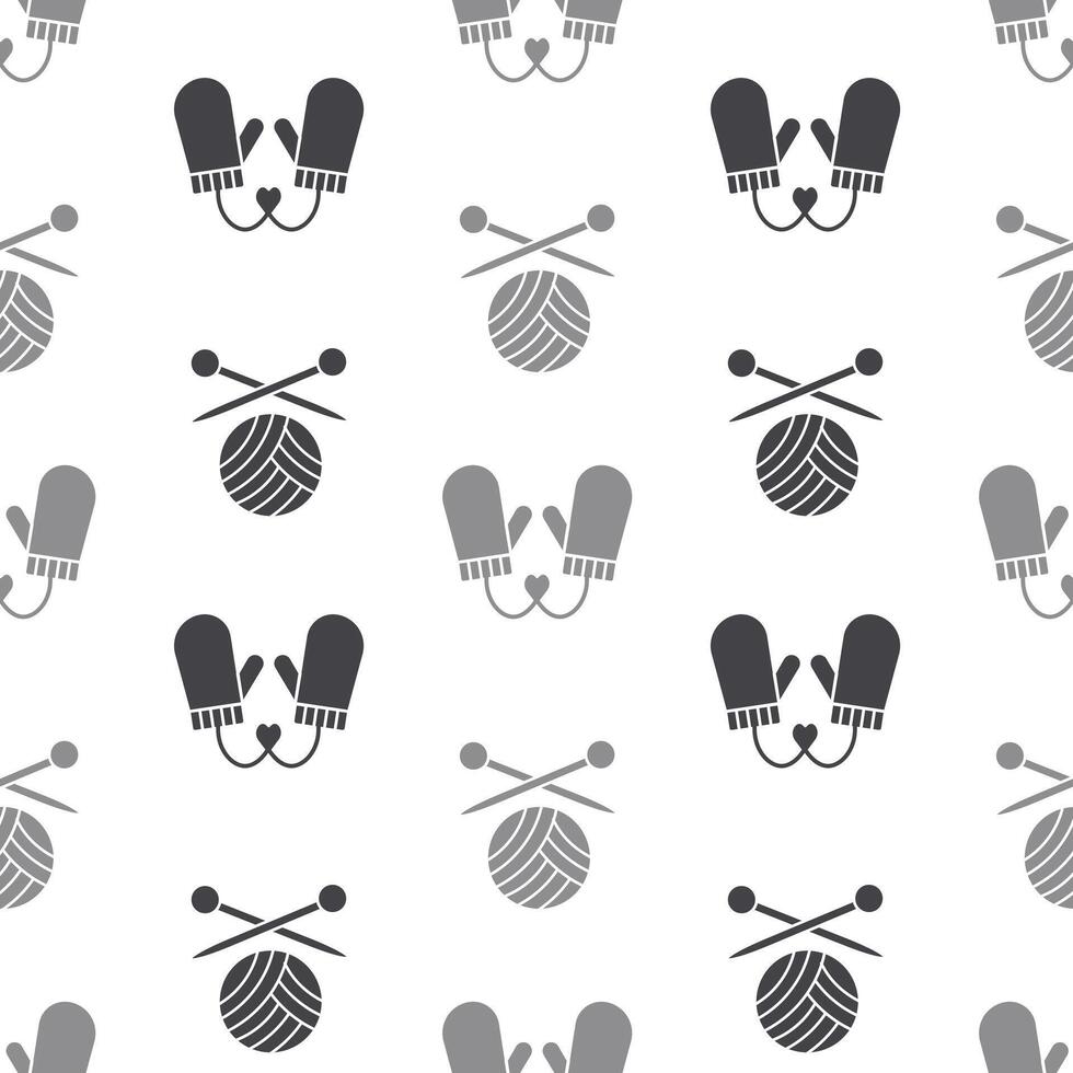 Seamless pattern with knitted mittens with balls of yarn and knitting needles. Background in gray tones. Print vector