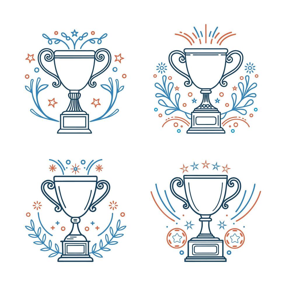Trophy cup icons set. Outline illustration of winner cups with decorative elements. Sketch vector