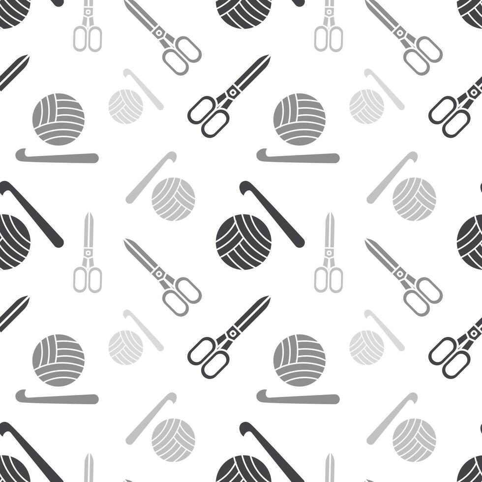 Seamless pattern with balls of yarn, crochet hook and scissors. Hobby concept. Gray background. Print vector
