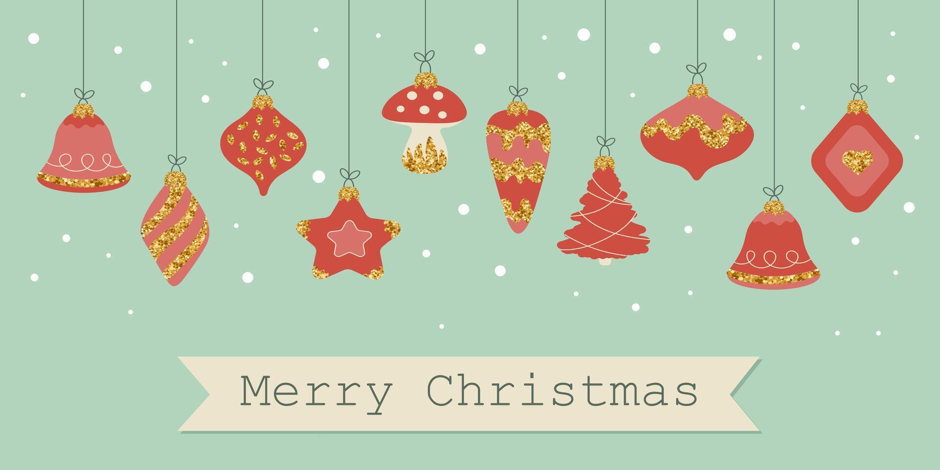Christmas greeting card with Christmas tree toys collection. Winter holiday background. Banner vector