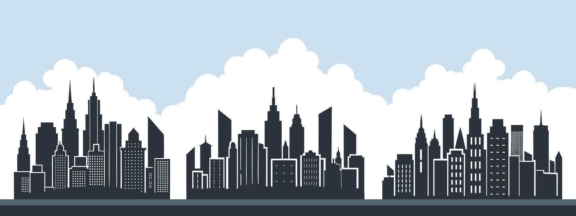 Set of city urban skyline silhouettes. Modern cityscapes. Urban backgrounds. City skyscrapers buildings. Flat illustration vector