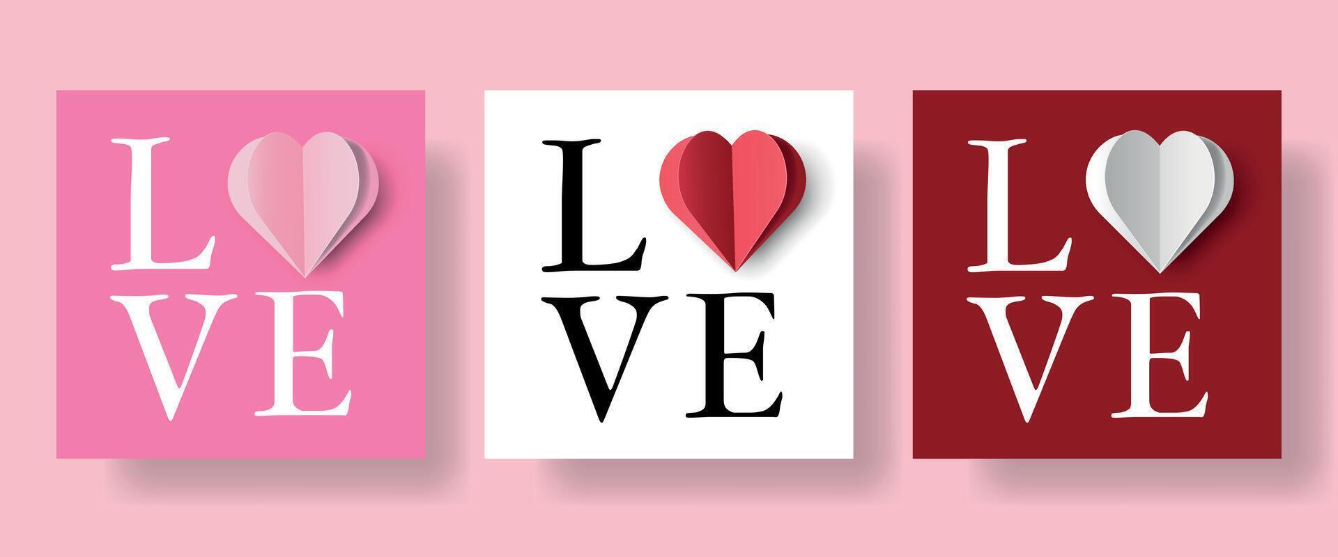 Paper Cut Cards with 3D Heart and Word Love for Valentine's Day, Happy Women, Mother's. Illustration with Red, Pink and White Heart. Design Concept Love Poster for Social Media, Web, Marketing. vector