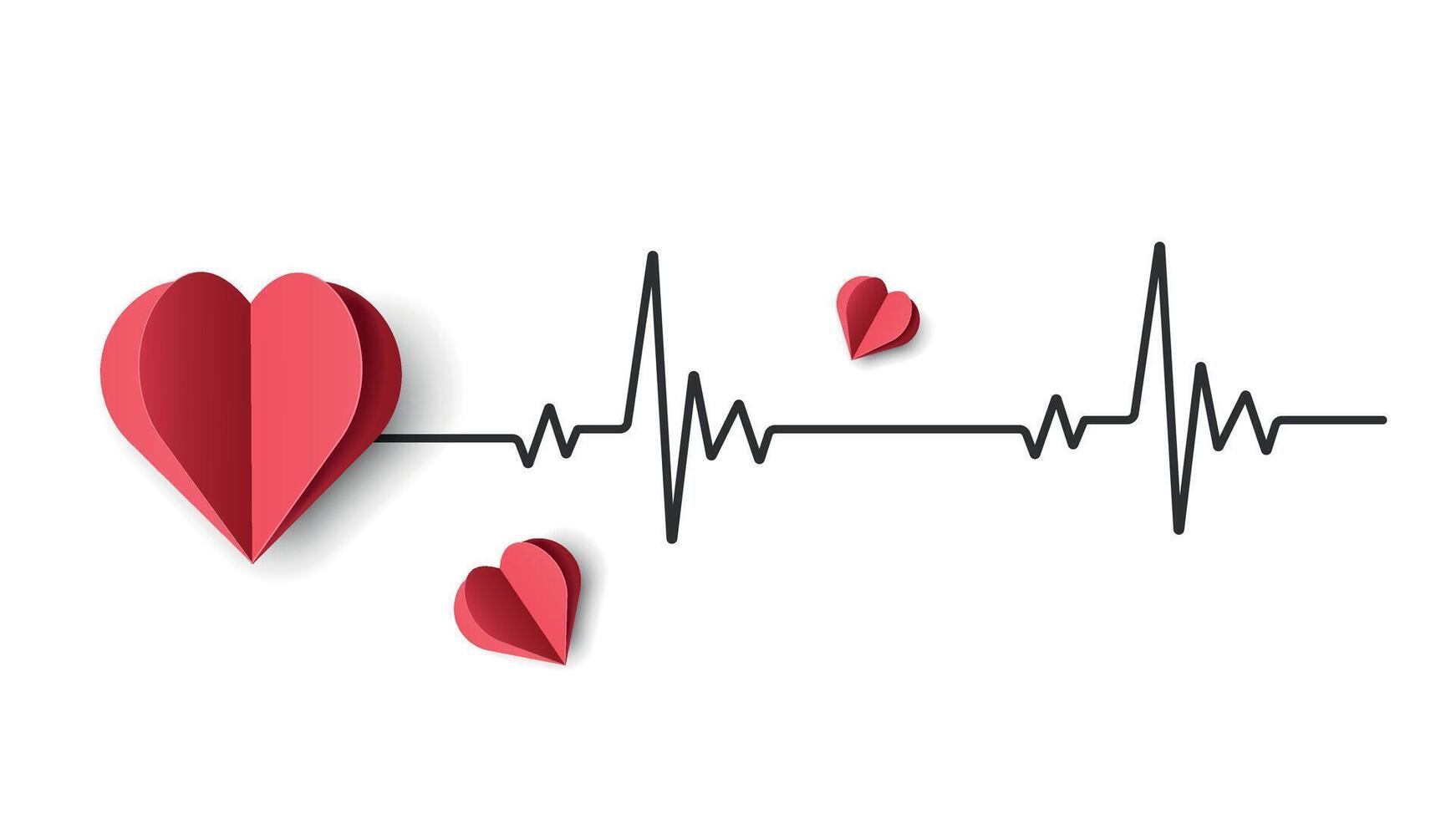 Illustration Heart in paper cut style with cardiogram element. Valentine's Day Holiday background design. Minimalistic Delicate red elegant banner for websites, social networks, cards. Medicine vector