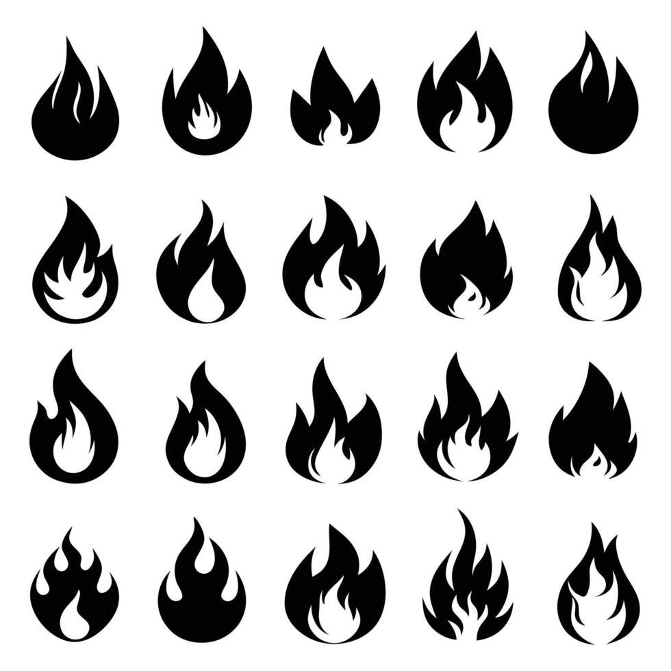 Set of Fire Flames Icons - Black Silhouette Fire Symbols. vector