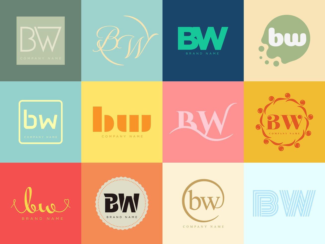 BW logo company template. Letter b and w logotype. Set different classic serif lettering and modern bold text with design elements. Initial font typography. vector