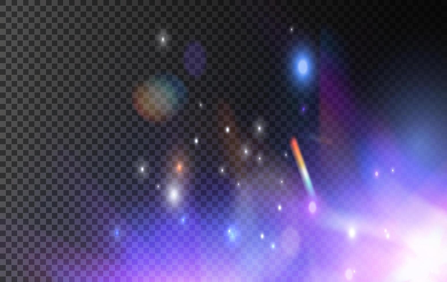 Rainbow light and white dust. The crystal shimmers with a rainbow effect. Background with bokeh light effect. Gorgeous Christmas glowing dust vector