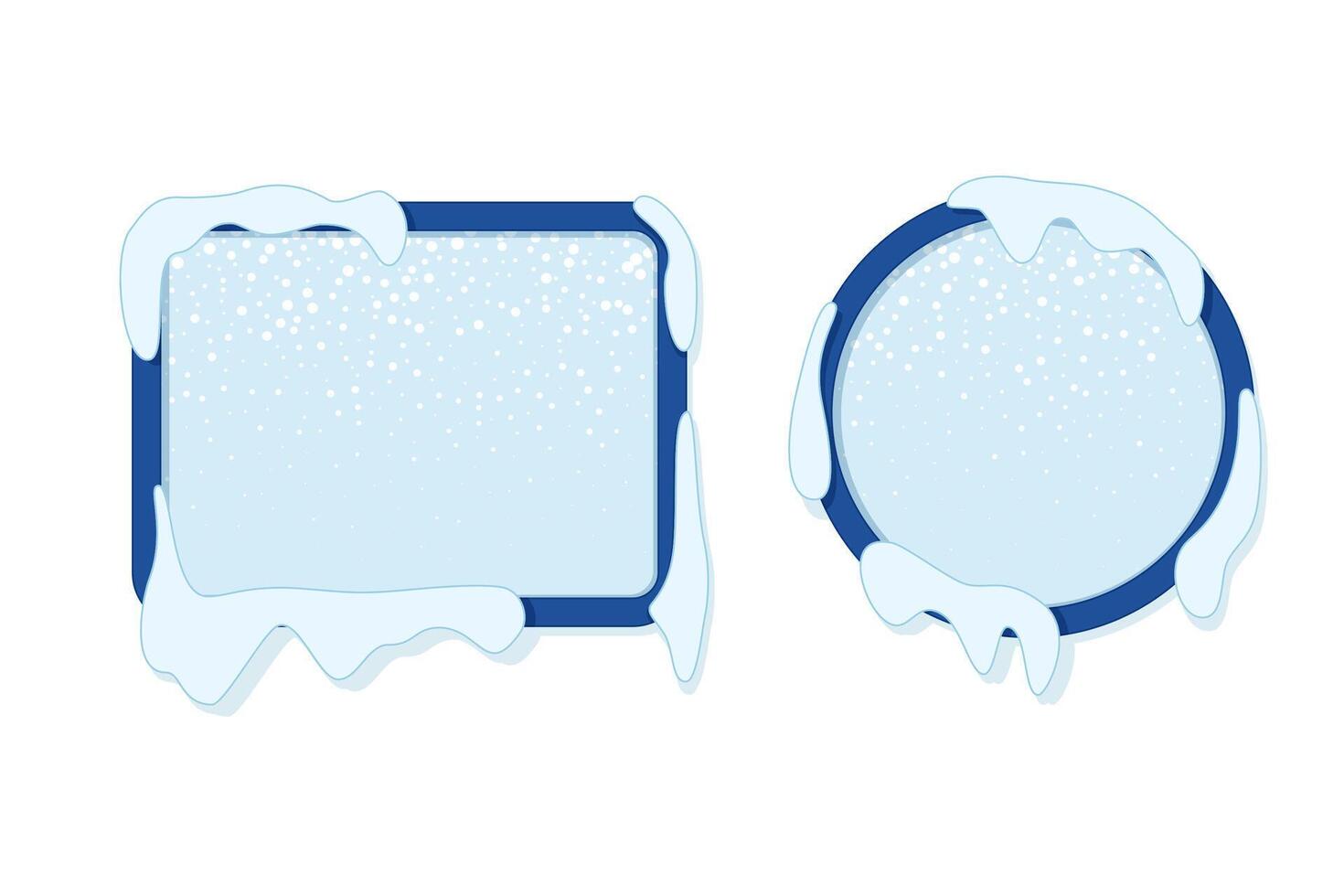 Round and rectangular winter frames with falling snow in flat style. vector