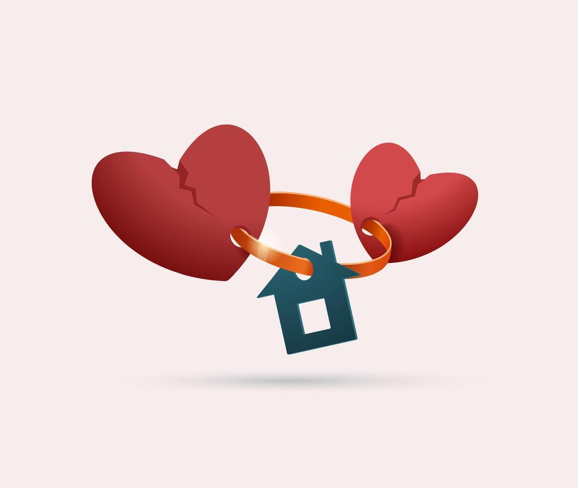 Two hearts connected by a wedding ring with a keychain at home. Concept of unhappy life together because of an apartment or house. vector