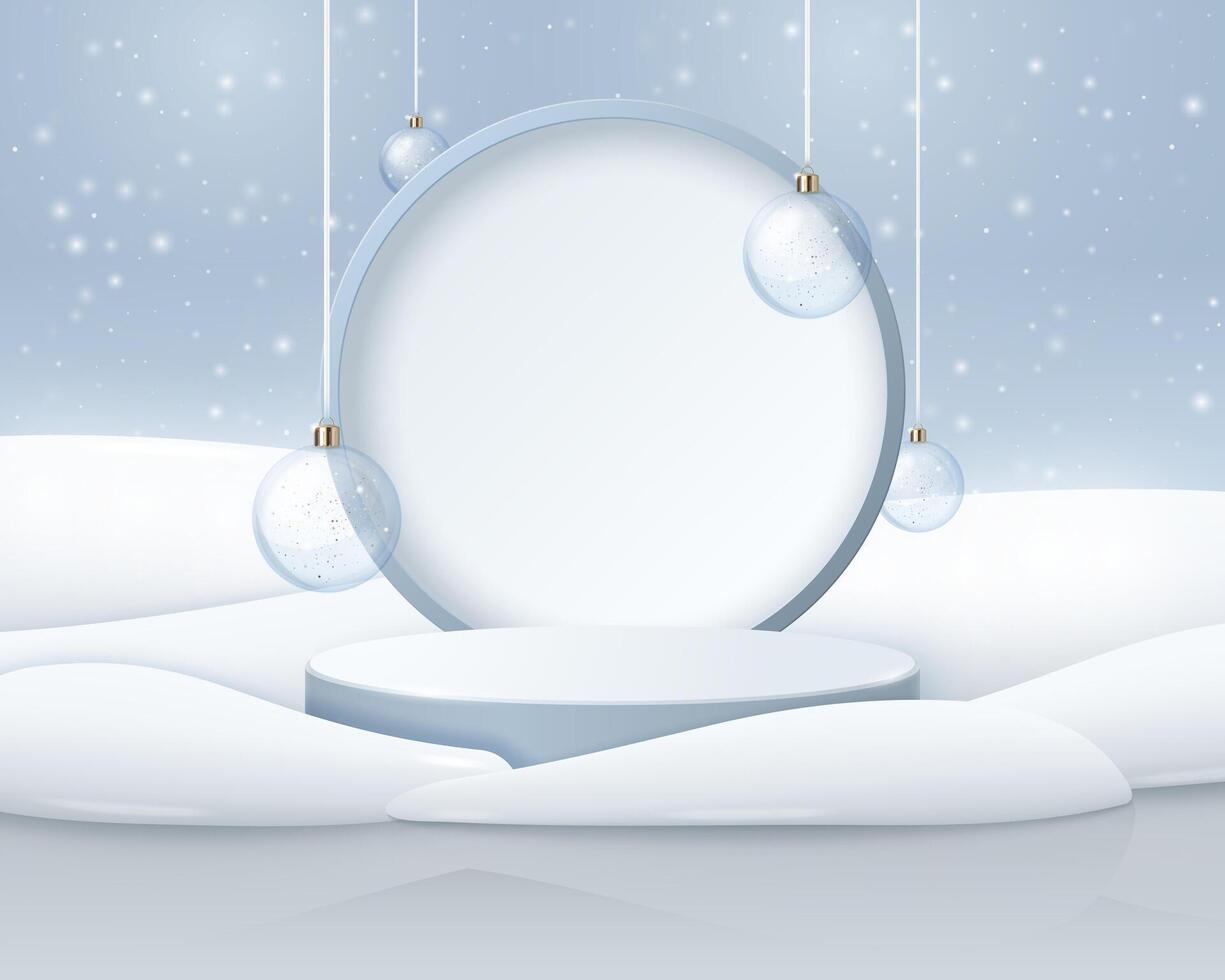 Winter Christmas background with cylindrical podium or pedestal for presentations. Round stage in snow and snowdrifts for promotions. vector