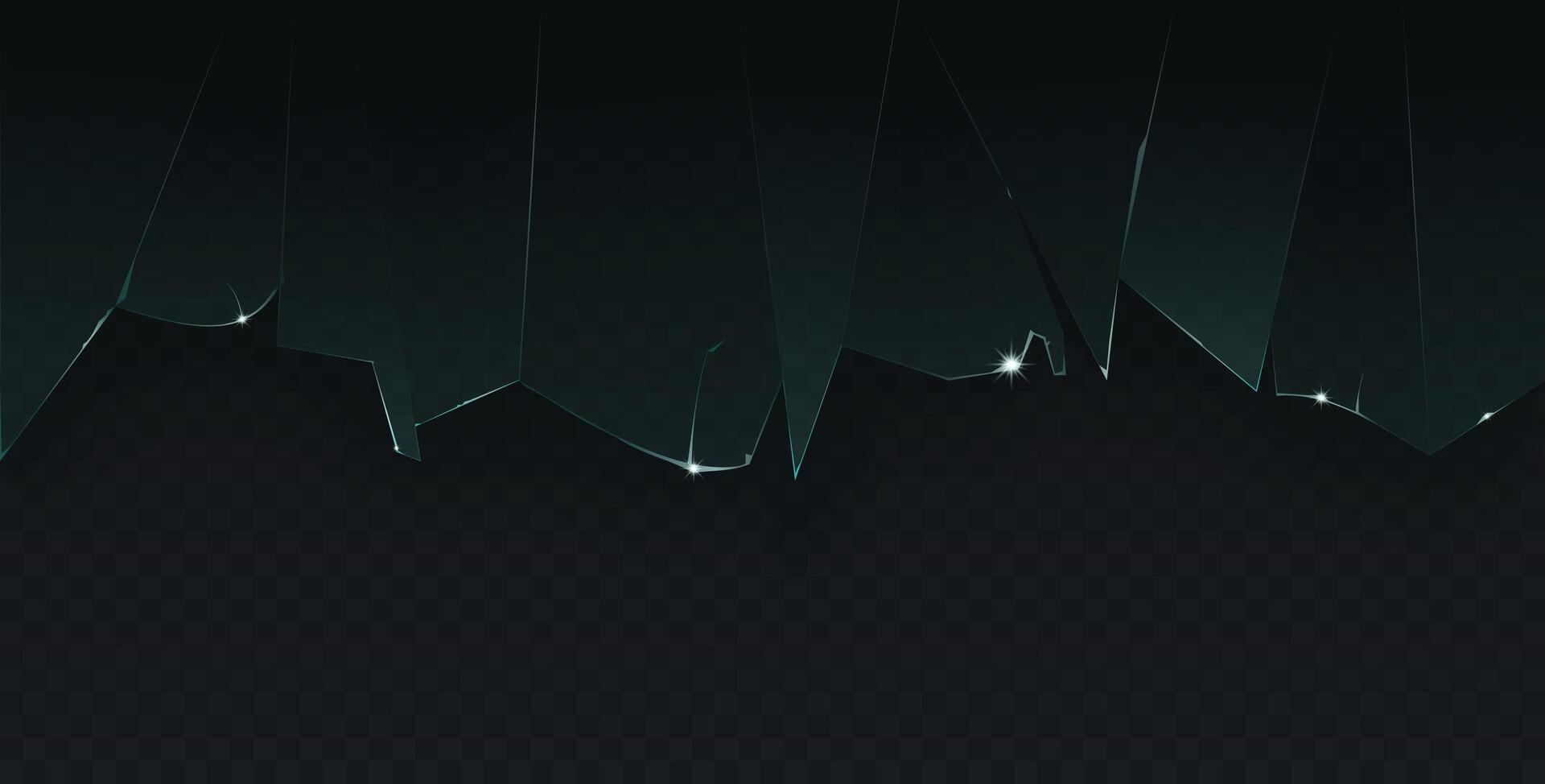 Broken seamless glass. The cracked realistic glass texture horizontally broken off on a dark background with a shadow. vector