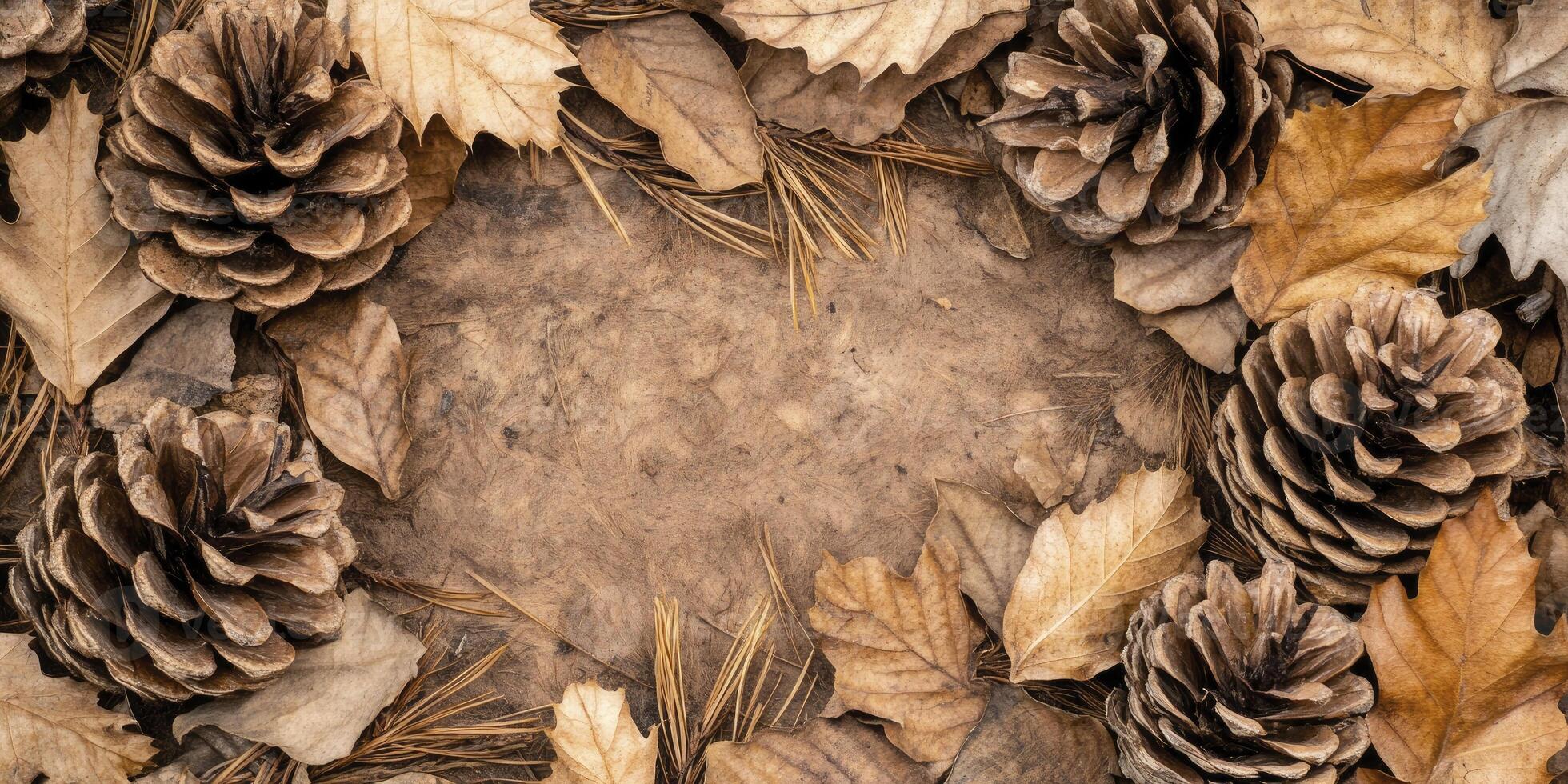 Pine forest floor with pine cones and dry brown grass on the ground photo